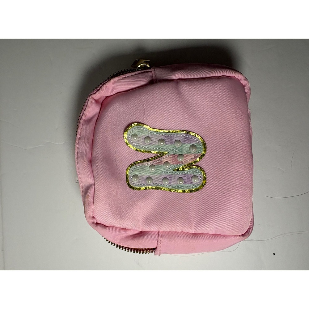 Stoney Clover Lane Pink Nylon Small Pouch Initial N Pearl‎ Glitter Patch Zip Bag